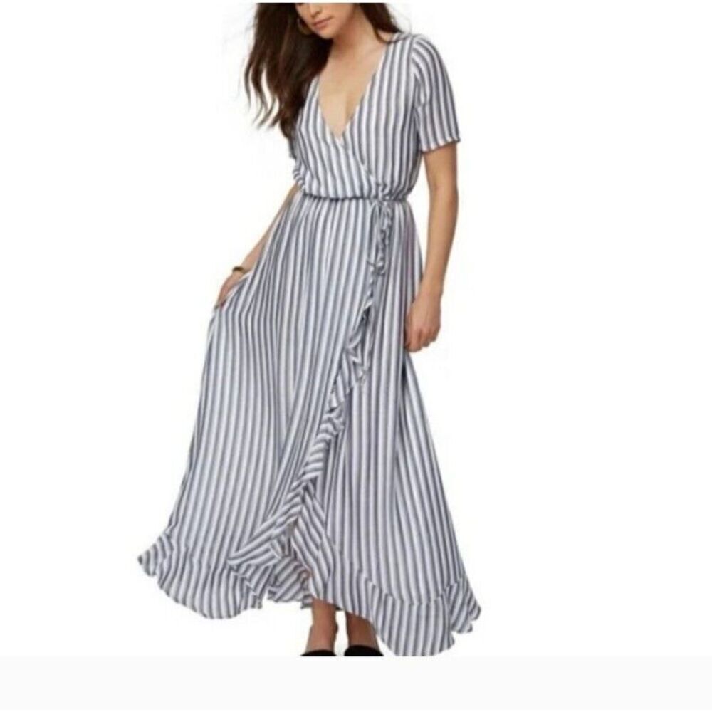 Rachel Pally Wrap Dress Size Medium Blue White Striped‎ Wrap Full Ruffle